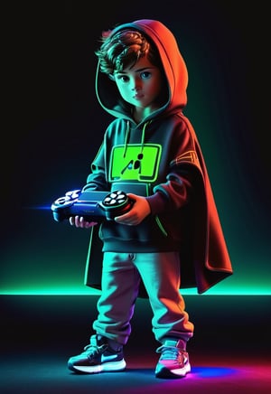 1boy pixar puppy, of a digital dealer, fullbody, cape open, face in shadow matrix, holding game console, wearing sneakers and hoodie, neon colors, distinctly dark background, and,1boy,boy