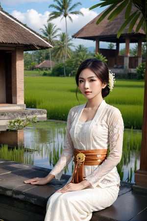 Capture a serene and meditative photograph of a beautiful girl wearing a white Javanese kebaya, set in the traditional Javanese house in East Java, Indonesia. The professional photography should focus on the girl while she sits near a beautiful and tranquil rice field with perfect lighting.