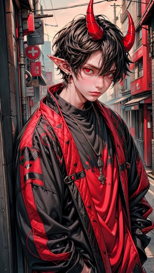 ((highest quality, masterpiece, 4k, finely detailed, detailed eyes, detailed face, intricate details, gelbooru, pixiv)), warm lighting, ((solo)), 1 male, (handsome, masculine,  male, broad shoulders, tall guy, thin body), ((black hair, messy hair, short hair)), light skin, sharp features, (elf earaggy clothes, oversized clothes)), ((demon horns color fading from black to red)), ((sharp eyes, red eye color, tired expression, looking at viewer)), leaning against wall, hands in pockets, night city background, street-style clothing, modern clothing, modern