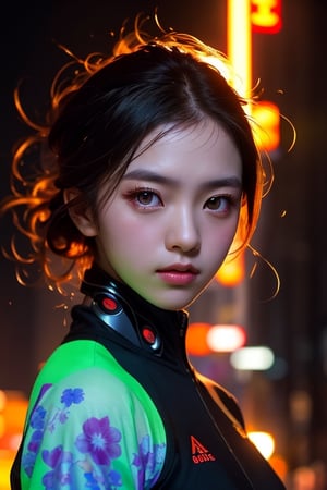 portrait of a beautiful japanese-german girl, bizarre, floral, cyberpunk, Luminous, determined, heroic, fearless, ethereal background, f/1.4, ISO1600, front light, r1ge