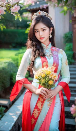 A 20-year-old Vietnamese girl in a brightly colored traditional Hue royal dress is elegant and beautiful, with minimal makeup, holding a bouquet of white nightingale flowers, and on her head is a brilliant, bright Hue royal crown. Pastel colors, professionally photographed with a Nikon D850 camera.