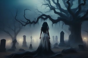 A woman with long, messy black hair, a pale face, wearing a long, dirty white dress, standing under a dry tree, on a night full of fog, in the background of an old cemetery,Very realistic, high quality, cinematography, HD, sharp