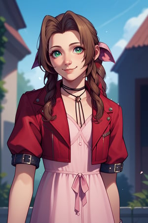 score_9,score_8_up,score_7_up,score_6_up, 1girl,aerith gainsborough,smile,cute,brown hair, braid, long hair, green eyes, hair ribbon, red jacket, cropped jacket, bow, choker, long pink dress, pink bow