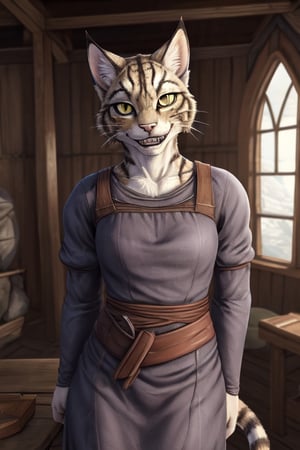 1girl,solo,best quality, masterpiece, highres,looking at viewer,front_view,facing_viewer,
skyrim,khajiit,grey_fur,dress,long_sleeves,medieval,(smile,teeth)
,furry
