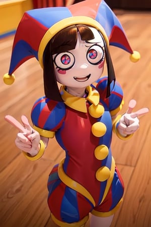 1girl,best quality, masterpiece, highres,looking at viewer,front_view,facing_viewer,

pomni,solo, brown hair, (symbol-shaped pupils:1.1), jester cap, clown, multicolored headwear, puffy sleeves, short sleeves, hat,peace sign,smile