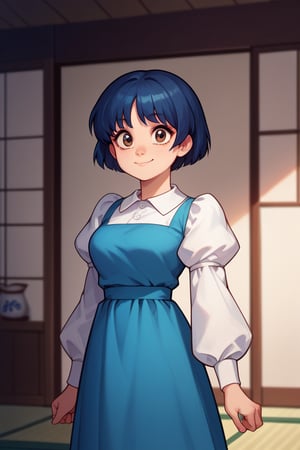 score_9, score_8_up, score_7_up, score_6_up, score_5_up, score_4_up, 1girl,AkaneTendouRXL, 18years, big eyes, brown eyes, dark blue hair, short hair, bangs, medium breasts, shirt collar, white shirt, blue dress, short sleeves, puffy sleeves,smile,dojo