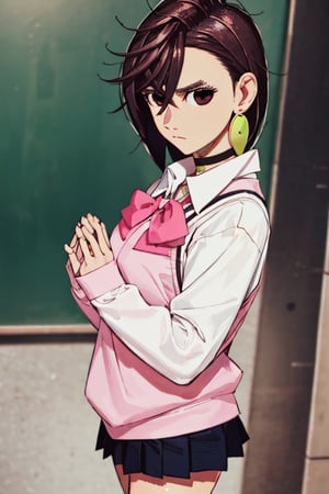 Indoors, Masterpiece, Best Quality, Aesthetic, Solo,  Bangs, 1 girl, (perfect hands), (perfect fingers), expressionless, choker, solution epsilon, slender, momo_ayase,

skirt, school uniform, pleated skirt, pink sweater vest,  shirt, white shirt, collared shirt, 
