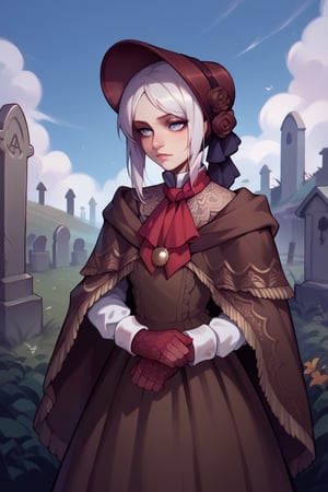 score_9,score_8_up,score_7_up,score_6_up, plaindoll,white hair,
bonnet, red ascot, brown cloak, brown dress, long dress, gloves,

dark,graveyard,