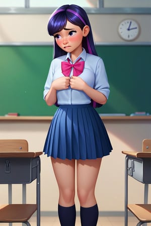 Score_9, Score_8_up, Score_7_up, Score_6_up, Score_5_up, Score_4_up, source_cartoon, 

violet parr,shy,

school_girl_uniform,skirt,standing,classroom,