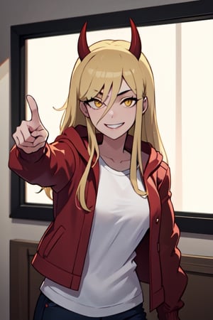 1girl,best quality, masterpiece, highres,looking at viewer,front_view,facing_viewer,

,indoors,upper_body,somethingunlimited,Power \(chainsaw man\),
yellow eyes, blonde hair, red horns, jacket, white shirt, pants,smile,long_hair,untied hair,finger_pointing