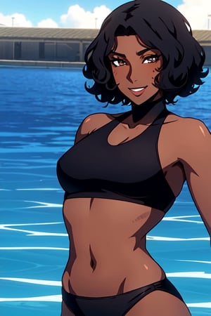 solo female,1girl,castlevania style,upper_body,facing_viewer,

ebony female,tomboy,swim_suit,smile,black hair,(dark_skin:1.2),short_hair,curly hair