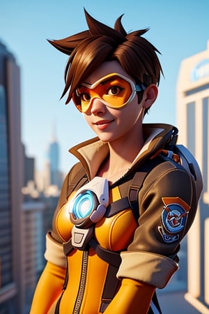 1girl,outdoors.3d render,smile,tracer_overwatch, goggles, jacket, orange goggles, bodysuit, bomber jacket, harness, chest harness, orange bodysuit,blender,yeero,arhoangel,overwatch