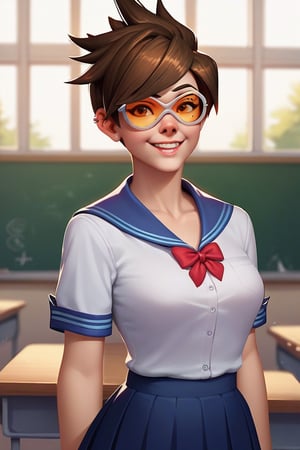 Score_9, Score_8_up, Score_7_up, Score_6_up, Score_5_up, Score_4_up, source_cartoon, 

tracer (overwatch),
,glasses,

school_girl_uniform,upper_body,bust_portrait,standing, happy,classroom