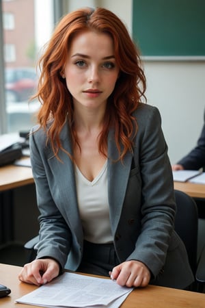 Scarlett, 26 year old, British, English, Manchester, redhead, hair that cascades down her toned shoulders, Sports journalist, working, sitting, newsdesk