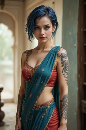 25 year old Caucasian white woman, short blue hair, Messy Pixie hair, inked,pale skin, wearing red Saree, navel, natural pose in an Indian home, liberal, feminist, fancy, rich, wealthy, luxurious, expensive, typical sari, clothed, Pallu