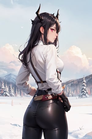 ,masterpiece,extremely detailed, CG, unity, 8k, wallpaper, best quality,32k, , Full HD,(Masterpiece, best quality), (highres, ultra-detailed), (absurdres, perfect anatomy), Perfect face, full quality, 1girl, solo, Caera, CCla, cowboy shot, single pauldron, black horns, underbust, collar, halterneck, white shirt, collared shirt, long sleeves, puffy sleeves, harness, gloves, belt, black pants, strap, toned, sexy pose, red eyes, collared shirt, holding_object, holding_red_sword,  sword, red_sword, large_sword, aiming enemy located,preparing_sword_to_battle,battle_position, pov from behind, paw_prints, paw fothprints, halterneck,outdoor,medium_breasts, snow, storm, strong snowstorm,  snow_storm, mountains_view,Nature, animals,sword_black_aura, sword aura, sword strong aura, eather auric,fight scene,r1ge,1 girl,ASU1