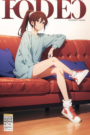 horimiya_hori,1girl ,brown eyes,30 years old,
ponytail,magazine cover,modeling pose, foreground,oversized sweatshirt, naked legs,knee high oversized leg warmers, standing, full_body, oversized sneakers,sitting, side view, sofa, legs up the sofa,grabbing his knees