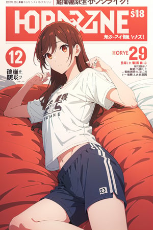 1girl,horimiya_hori, brown eyes,
vintage long hairstyle,magazine cover,modeling pose,lying face up, from_side, relax, sports t-shirt, sports shorts, looking_at_viewer