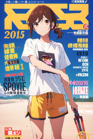 coquette aesthetic,horimiya_hori,1girl,20 years old,brown eyes,magazine cover,modeling pose, standing,foreground,pov_eye_contact, dominant, sports t-shirt, sports shorts