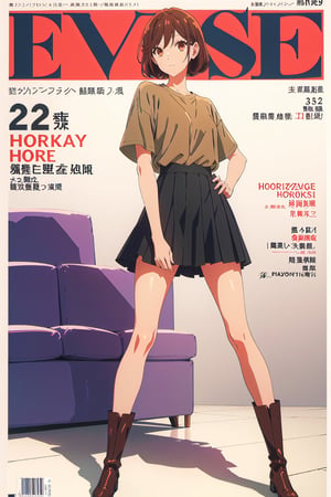 horimiya_hori,1girl ,brown eyes,
vintage hairstyle,magazine cover,modeling pose, foreground,tight t-shirt tucked into skirt,
oversized blouse under shirt,tight skirt,vintage boots,leg warmers