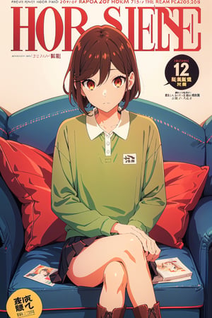 horimiya_hori,1girl ,brown eyes,
vintage hairstyle,magazine cover,modeling pose, foreground,oversized long sleeve polo shirt tucked under skirt,tight skirt,vintage boots,leg warmers,sitting,pov_eye_contact,crossed legs,sofa,
hands on ears