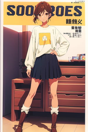 horimiya_hori,1girl ,brown eyes,
vintage hairstyle,magazine cover,modeling pose, foreground,tight t-shirt tucked into skirt,
long sleeves underneath,tight skirt,vintage boots,leg warmers