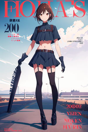 2000s fashion,horimiya_hori,1girl,20 years old,brown eyes,magazine cover,modeling pose, standing,foreground,pov_eye_contact,full_body, long tails,high waist mini skirt, tight crop top, bare belly, brush, stockings, gothic gloves with grunge buckle, big belt, platform_footwear