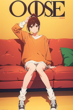 horimiya_hori,1girl ,brown eyes,30 years old,
ponytail,magazine cover,modeling pose, foreground,oversized sweatshirt, naked legs,knee high oversized leg warmers, standing, full_body, oversized sneakers,sitting, side view, sofa, legs up the sofa,grabbing his legs