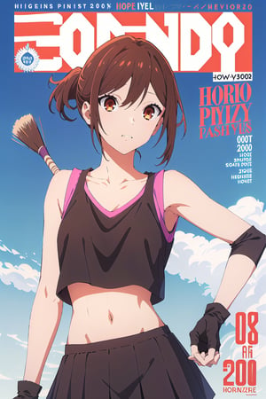2000s fashion,horimiya_hori,1girl,20 years old,brown eyes,magazine cover,modeling pose, standing,foreground,pov_eye_contact,full_body, large coquette hairstyle,mini skirt, tight crop top, bare belly, brush, leggings, long fingerless gloves
