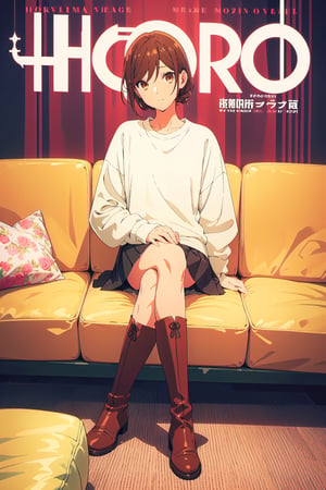 horimiya_hori,1girl ,brown eyes,
vintage hairstyle,magazine cover,modeling pose, foreground,oversized sweatshirt tucked under skirt,tight skirt,vintage boots,leg warmers,sitting,pov_eye_contact,crossed legs,sofa,
hands on ears