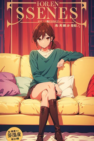 horimiya_hori,1girl ,brown eyes,
vintage hairstyle,magazine cover,modeling pose, foreground,shirt with long sleeves underneath tucked into the skirt,tight skirt,vintage boots,leg warmers,sitting,pov_eye_contact,crossed legs,sofa,
hands on ears