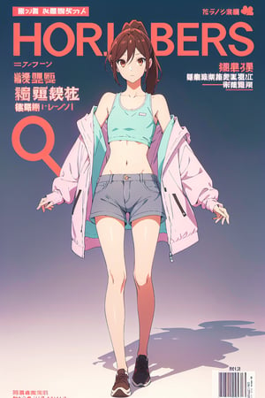 horimiya_hori,1girl ,brown eyes,30 years old,
ponytail,magazine cover,modeling pose, foreground,full_body,tube top,bare shoulders, windbreaker jacket, gray shorts jean