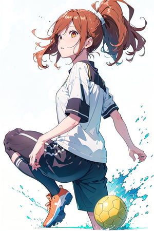 manga, 1girl, solo female, 20 years old, long hair, ponytail,soccer clothing,sport short,large shirt, playing soccer, jumoing, park, playing,hori kyouko,full_body,watercolor, no_color, photoshoot, model,,lineart,rough sketch,RGB, mature_female,chromatic aberration, white_background