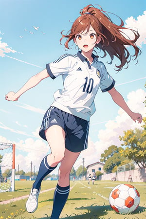 manga, 1girl, solo female, 20 years old,mature, long hair, ponytail,soccer clothing,sport short,short t-shirt, playing soccer, jumoing, park, playing,hori kyouko,full_body,watercolor, no_color, photoshoot, model,,lineart,rough sketch,RGB, mature_female,chromatic aberration, white_background, simple shadows