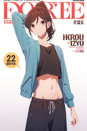 horimiya_hori,1girl ,brown eyes,
ponytail,magazine cover,modeling pose, foreground,pov_eye_contact,mature, 
standing,crop top,bare belly,retro baggy pants, white background,arms behind head, sensual look