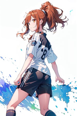 manga, 1girl, solo female, 20 years old,mature, long hair, ponytail,soccer clothing,sport short,large shirt, playing soccer, jumoing, park, playing,hori kyouko,full_body,watercolor, no_color, photoshoot, model,,lineart,rough sketch,RGB, mature_female,chromatic aberration, white_background