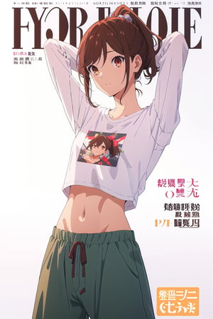 horimiya_hori,1girl ,brown eyes,
ponytail,magazine cover,modeling pose, foreground,pov_eye_contact,mature, 
standing,crop top,bare belly,retro baggy pants, white background,arms behind head