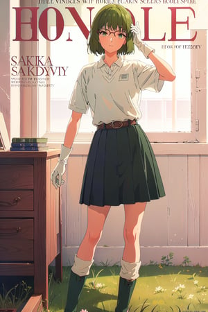 horimiya_sakura,1girl green hair,
vintage hairstyle,magazine cover,modeling pose, vintage skirt, sports white polo shirt tucked into skirt, giant belt,foreground,vintage glasses, vintage gloves,long leg warmers,vintage boots