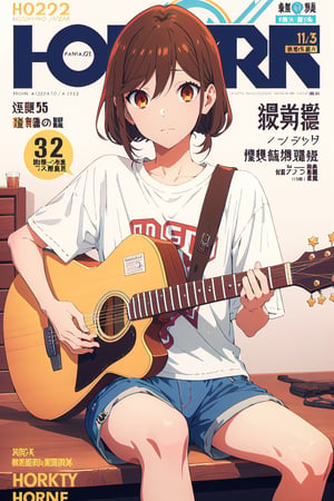 horimiya_hori,1girl ,brown eyes,
long wavy bob hairstyle,magazine cover,modeling pose, foreground,vintage bar, sitting, playing the guitar, oversized sports t-shirt, jean shorts, 