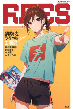 horimiya_hori,1girl ,brown eyes,
vintage hairstyle,magazine cover,modeling pose, foreground,tight t-shirt tucked into shorts,sports shorts,pointing at herself