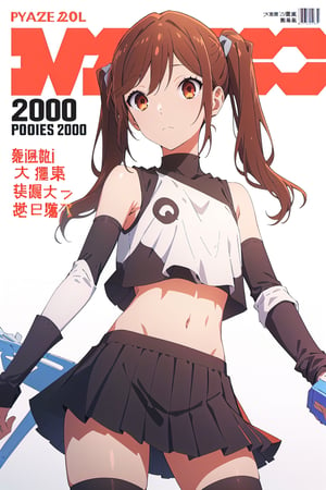 2000s fashion,horimiya_hori,1girl,20 years old,brown eyes,magazine cover,modeling pose, standing,foreground,dominant,pov_eye_contact,arm warmers,mini skirt, crop top,long pigtails, white background, thighs, bare shoulders,ass