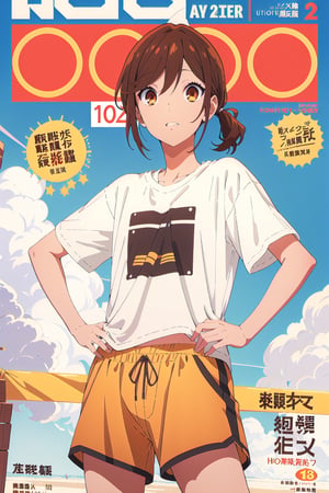 horimiya_hori,1girl ,brown eyes,
vintage hairstyle,magazine cover,modeling pose, foreground,sports t-shirt,sports shorts,pov_eye_contact, front view,superior