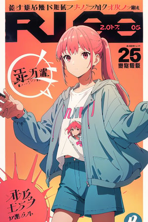 horimiya_remi,1girl ,pink hair,
vintage hairstyle,magazine cover,modeling pose, vintage skirt, oversized windbreaker jacket,shorts jean,foreground,