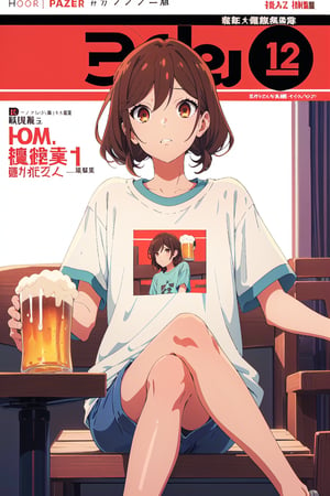 horimiya_hori,1girl ,brown eyes,
medium wavy hairstyle,magazine cover,modeling pose, foreground,vintage bar, sitting, drinking beer, oversized sports t-shirt, jean shorts, 