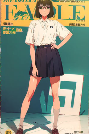 horimiya_sakura,1girl green hair,
vintage hairstyle,magazine cover,modeling pose, vintage skirt, sports white polo shirt tucked into skirt, giant belt,foreground,glasses