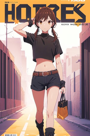 2000s fashion,horimiya_hori,1girl,20 years old,brown eyes,magazine cover,modeling pose, standing,foreground,dominant,pov_eye_contact,arm warmers.black jean shorts, big belt, platform_footwear, crop top, leg warmers, twin_tails