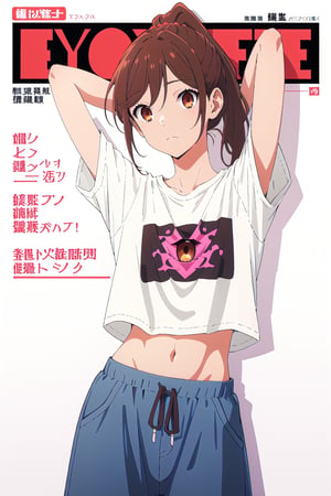 horimiya_hori,1girl ,brown eyes,
ponytail,magazine cover,modeling pose, foreground,pov_eye_contact,mature, 
standing,baby size t-shirt,bare belly,retro baggy pants, white background,arms behind head