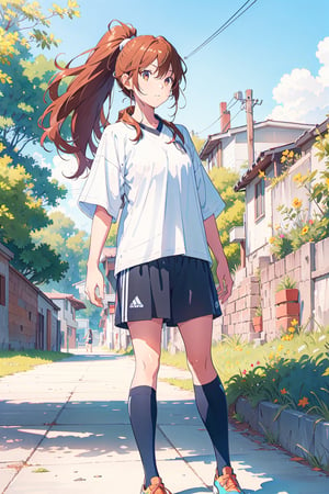 manga, 1girl, solo female, 20 years old, long hair, ponytail,soccer clothing,sport short,large shirt, playing soccer, jumoing, park, playing,hori kyouko,full_body,watercolor, no_color, photoshoot, model,,lineart,rough sketch,RGB, mature_female,chromatic aberration,
