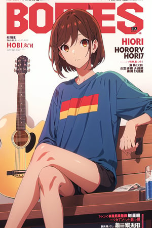 horimiya_hori,1girl ,brown eyes,
bob haircut,magazine cover,modeling pose, foreground,vintage bar, sitting, guitar, sports shirt, sports shorts