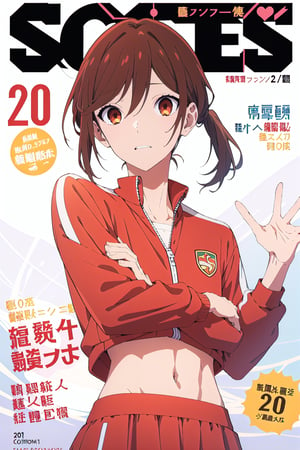 coquette aesthetic,horimiya_hori,1girl,20 years old,brown eyes,magazine cover,modeling pose, standing,foreground,pov_eye_contact,tracksuit,bare belly, high waist skirt